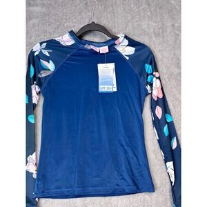Kanu Surf Girls Long Sleeve Rashguard UPF 50+ Floral Navy Blue‎ Swim Top Size XL